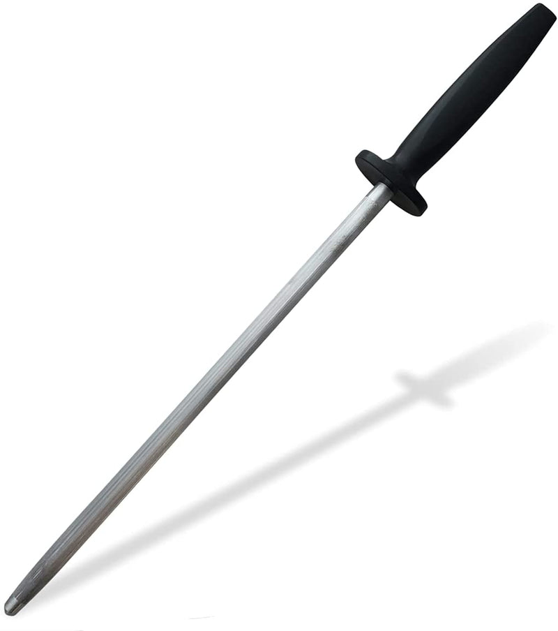 A SpitJack Knife Sharpening Steel with a black handle against a white background, designed for precision cutting.