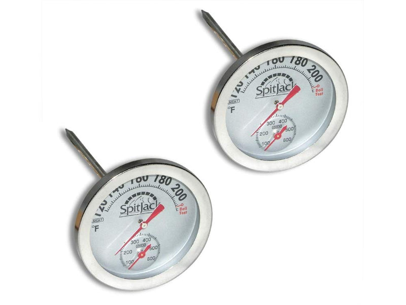 A pair of SpitJack Dual Sensor Meat and Oven Thermometers (2 Pack) on a white background.