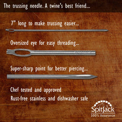 Three different types of SpitJack Meat Trussing Needle, Butcher's Cooking Twine and Utility Scissors Bundle on a wooden table.