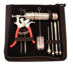 A set of SpitJack Magnum Meat Injector Gun - Complete Kit with Padded Soft Case in a black case.