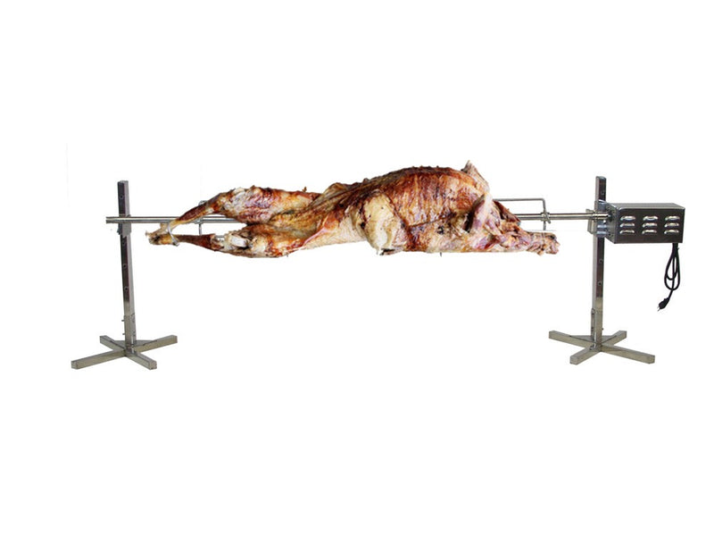 A heavy-duty metal machine with a wire attached to a SpitJack HD75 rotisserie motor capable of handling 75 lbs.