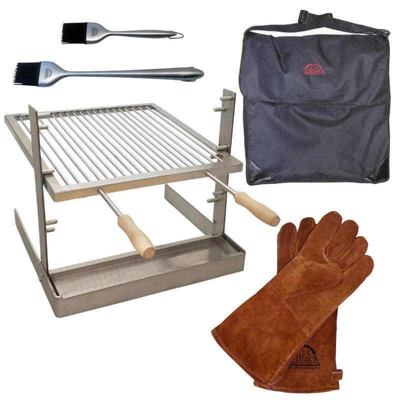A SpitJack ALL Stainless Tuscan Fireplace and Camping Grill Bundle - DX with gloves and utensils.