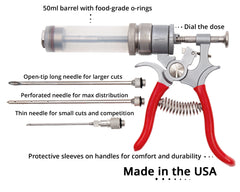 A picture of a SpitJack Magnum Meat Injector with 3 Needles - MINI, a food syringe tool, and accompanying instructions on how to use it for injecting marinade or seasoning mix into the meat.