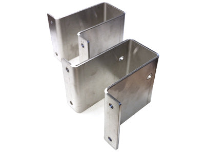 A stainless steel SpitJack Rotisserie Post Bracket with multiple drill holes on a white background.