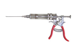 A SpitJack Magnum Meat Injector with a red handle on a white background.