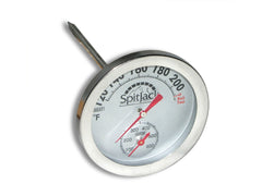 A SpitJack stainless steel thermometer on a white background, perfect for monitoring rotisserie cooking.