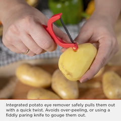 A hand holding a potato being peeled with a KUHN RIKON Original Swiss Peeler from the 3-Pack Red/Green/Yellow, featuring an integrated potato eye remover tool. Text below explains the peeler’s efficiency in removing eyes without over-peeling or using a paring knife. The carbon steel blade ensures precision and longevity.