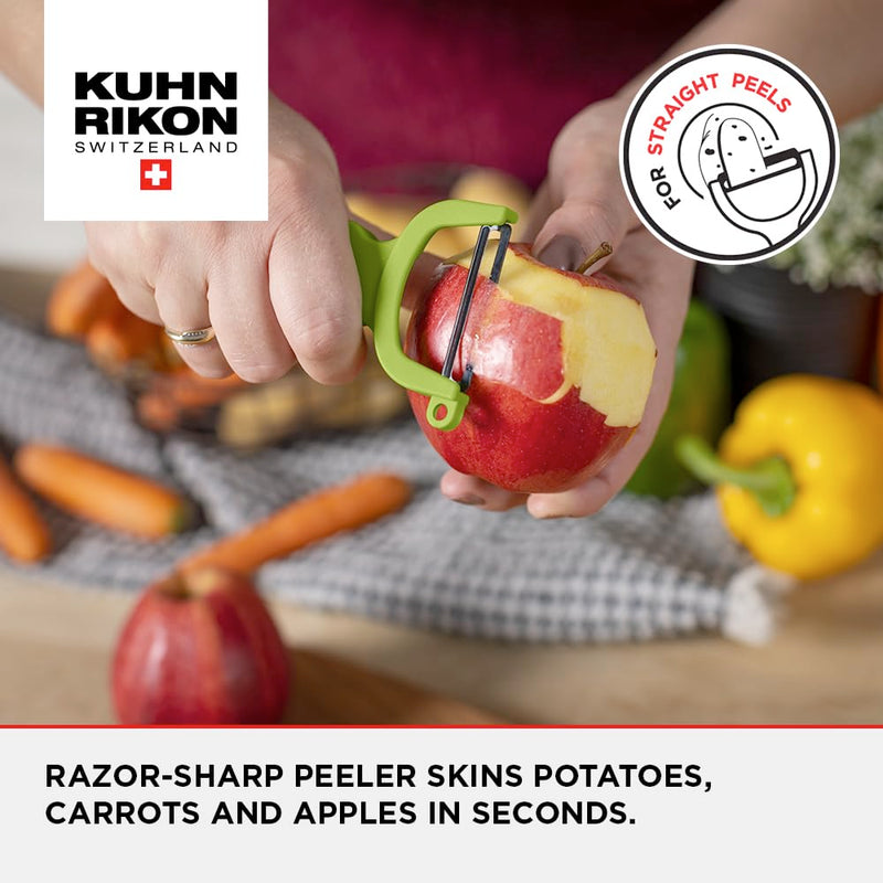 The Kuhn Rikon Original Swiss Peeler 3-Pack in red, yellow, and green is displayed. Each Swiss Peeler from KUHN RIKON features a carbon steel blade and a plastic handle with a hole for hanging.