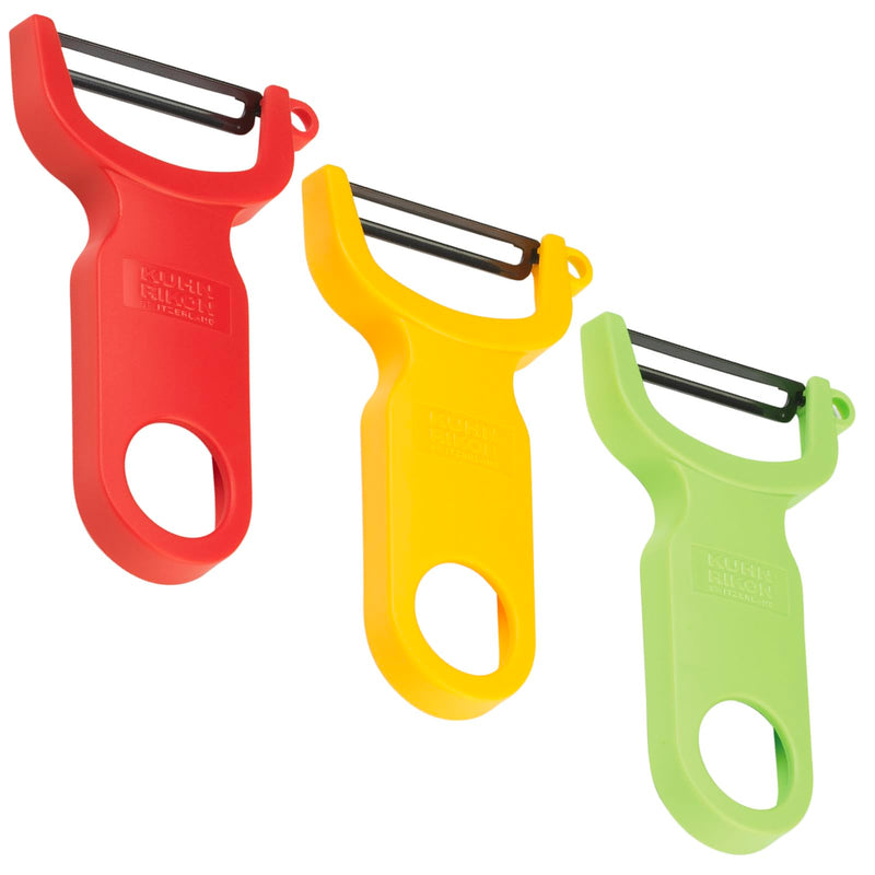 The Kuhn Rikon Original Swiss Peeler 3-Pack in red, yellow, and green is displayed. Each Swiss Peeler from KUHN RIKON features a carbon steel blade and a plastic handle with a hole for hanging.