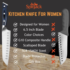 A SpitJack Santoku Chef's Knife for Women from the brand SpitJack is shown on a wooden table.