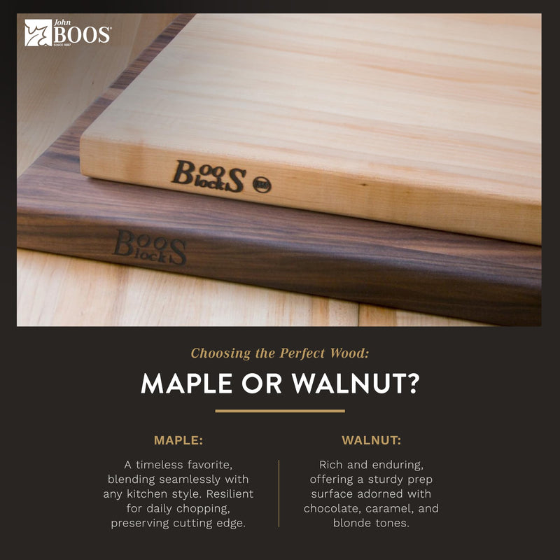 The John Boos Boos Block CCB Series Large Reversible Wood Chopping Board, featuring a 2.25-inch thickness and dimensions of 20" x 15" x 2 1/4", is crafted from maple wood. This rectangular board, branded with the iconic Boos Block logo on one side, offers a patterned surface and a handle groove on the shorter end, making it perfect for your kitchen or elegant gatherings.