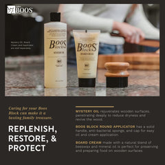 Image showcasing John Boos products: a bottle of Mystery Oil, a Boos Block round applicator, and Board Cream. Text highlights the benefits of these products for revitalizing and protecting the **John Boos Boos Block CCB Series Large Reversible Wood Chopping Board**, which measures 20