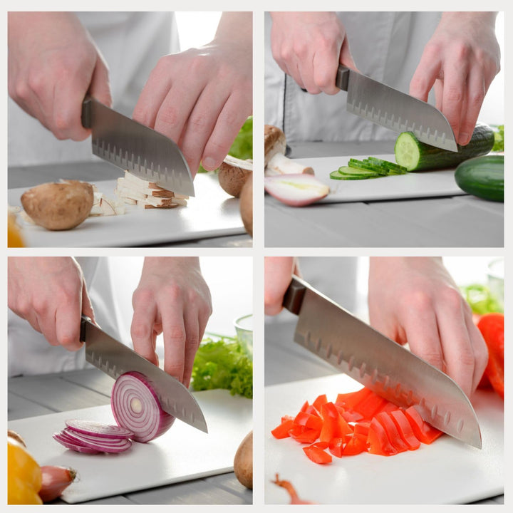 Four pictures of a person cutting vegetables with a SpitJack 6.5" Santoku Chef&