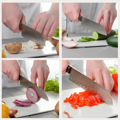 Four pictures of a person cutting vegetables with a SpitJack Santoku Chef's Knife for Women.