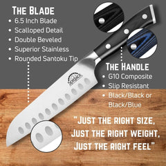 A picture of the SpitJack Santoku Chef's Knife for Women with different types of blades.