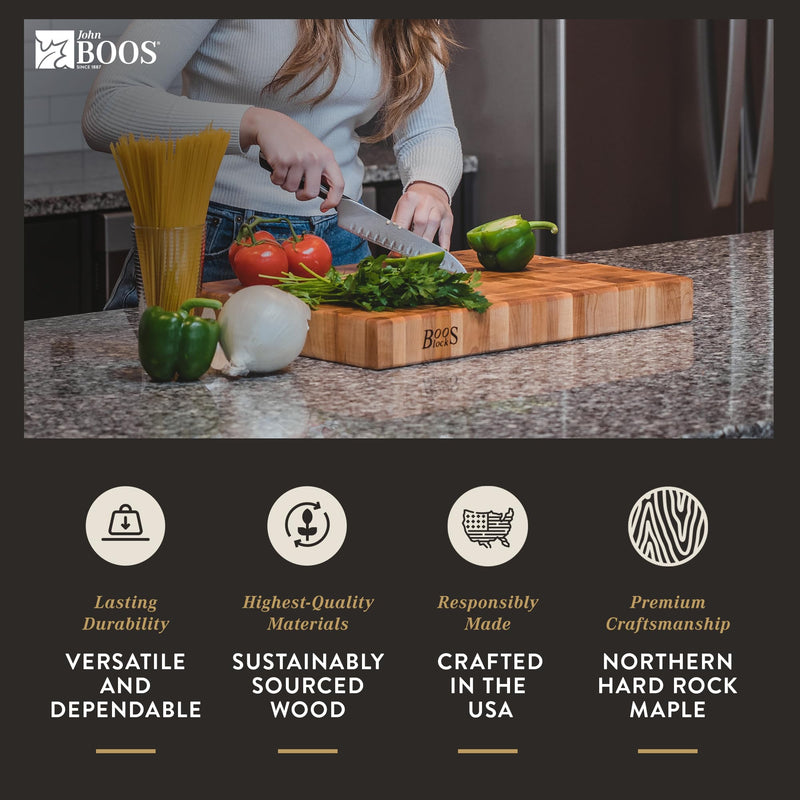 The John Boos Boos Block CCB Series Large Reversible Wood Chopping Board, featuring a 2.25-inch thickness and dimensions of 20" x 15" x 2 1/4", is crafted from maple wood. This rectangular board, branded with the iconic Boos Block logo on one side, offers a patterned surface and a handle groove on the shorter end, making it perfect for your kitchen or elegant gatherings.