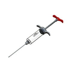 The SpitJack SHOT XL Meat Injector Kit by SpitJack is a metal marinade injector syringe with a clear body and measurement markings, featuring an ergonomic red handle and a long needle for enhanced needle strength.