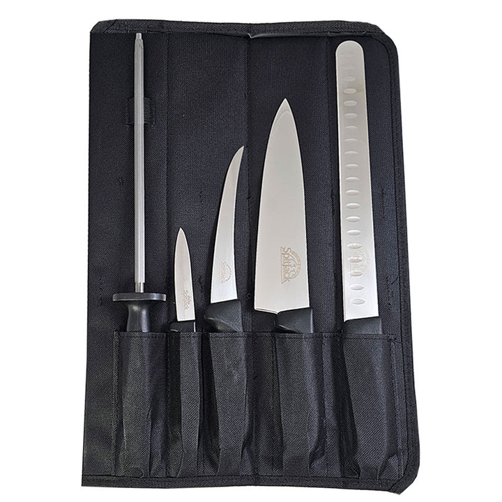 Introducing the SpitJack Barbecue Knife Bundle, which includes four high-quality knives, a sharpening hone, and a stylish black fabric case for organized storage.