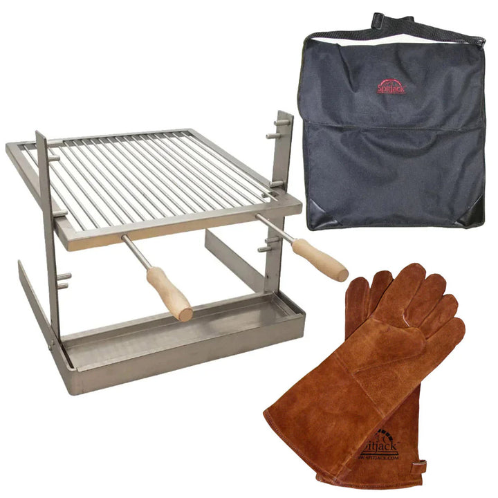 The SpitJack ALL Stainless Tuscan Fireplace and Camping Grill Bundle - DX includes a stainless steel grill with wooden handles, brown leather gloves, and a black carrying bag with a shoulder strap. It&