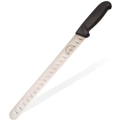 A long grooved brisket knife from the SpitJack Barbecue Knife Bundle, featuring a black handle.