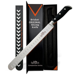 The SpitJack Deluxe Brisket Slicing Knife features an 11-inch blade, black handle, edge guard, and comes in black 