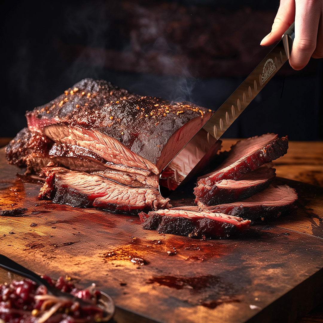 A hand slices smoked brisket on a wooden board with the SpitJack Deluxe Brisket Slicing Knife (11" Competition-Chef Series), juices glistening and spices dotting the crust—a classic Competition Barbecue moment.