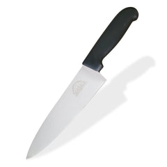 A SpitJack chef's knife featuring a sleek black handle and silver blade is angled gracefully against a white background, throwing a shadow. It's an ideal addition to the Barbecue Knife Bundle with 4 Knives, Sharpening Hone, and Case.