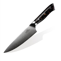 SpitJack Deluxe 8 Inch Chef's Knife with Stainless Damascus Steel Blade and Carbon Fiber Handle