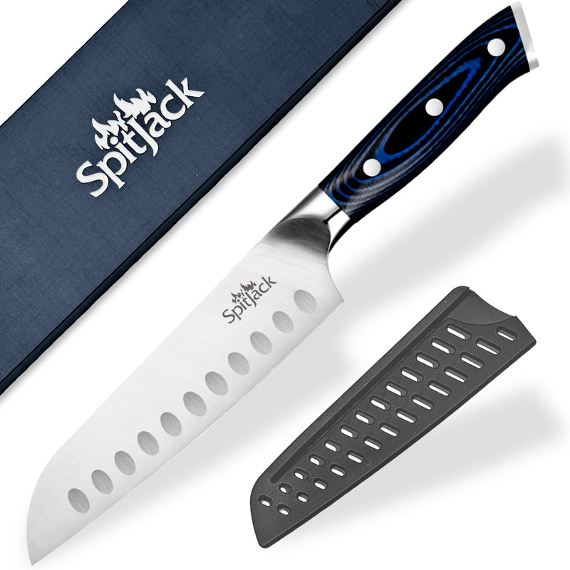 A SpitJack 6.5" Santoku Chef's Knife with a blue box.