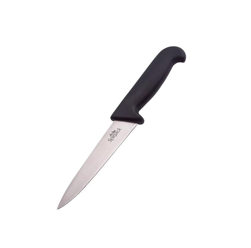 The Barbecue Knife Bundle by SpitJack includes a set of four kitchen knives with black handles, featuring a chef's knife ideal for versatile cooking tasks. It also comes with a sharpening hone and a sleek black carrying case labeled "SpitJack.