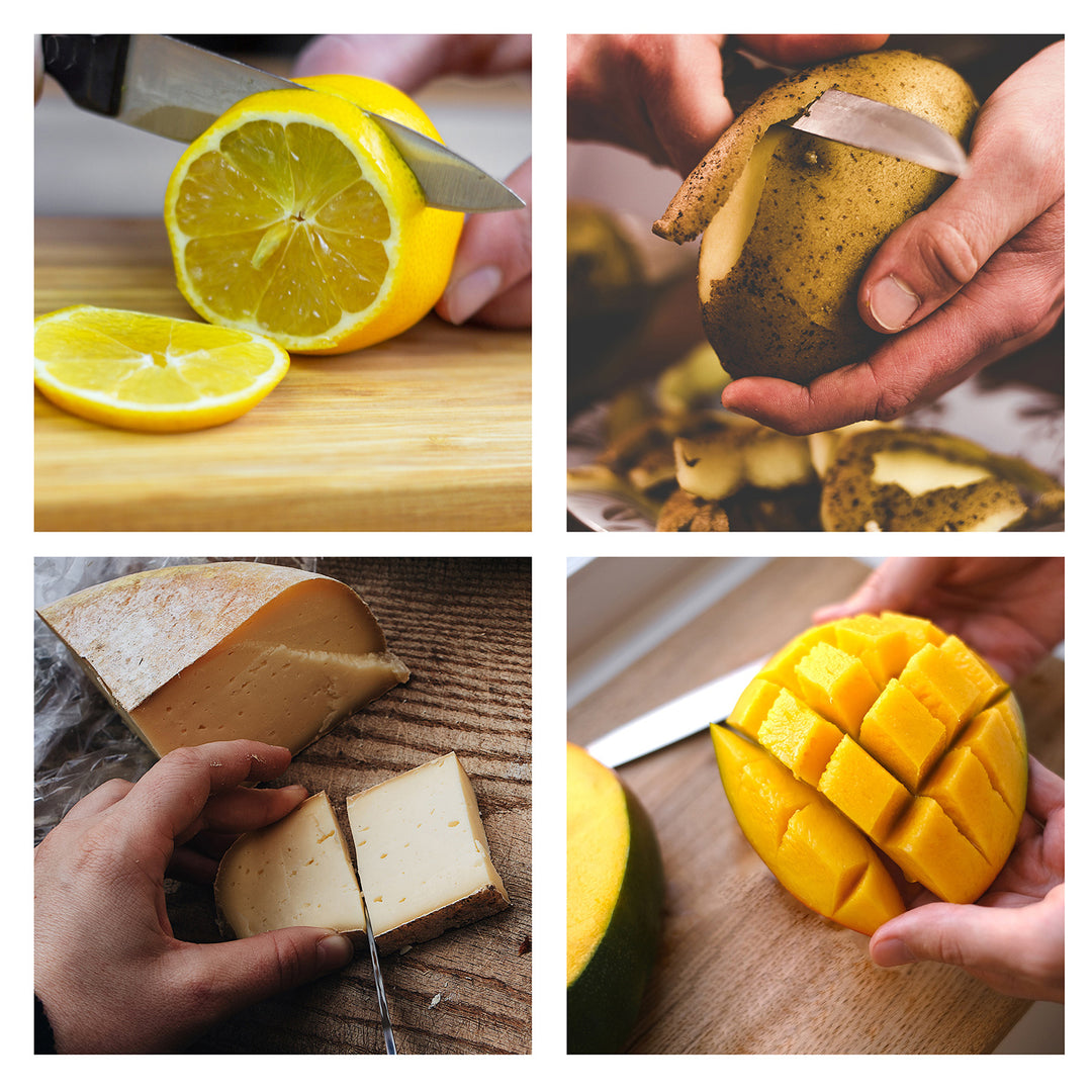 A collage of four images showing close-ups of hands cutting a lemon, peeling a potato, slicing cheese, and cubing a mango with the precision of a Simple 3.5 Inch Paring Knife - Two-Pack from SpitJack.