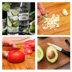 Collage of four images: gin and tonic with lime, chopped garlic on a cutting board, slicing a tomato with a SpitJack Barbecue Knife from the Bundle, and halved avocado with knife and pit.