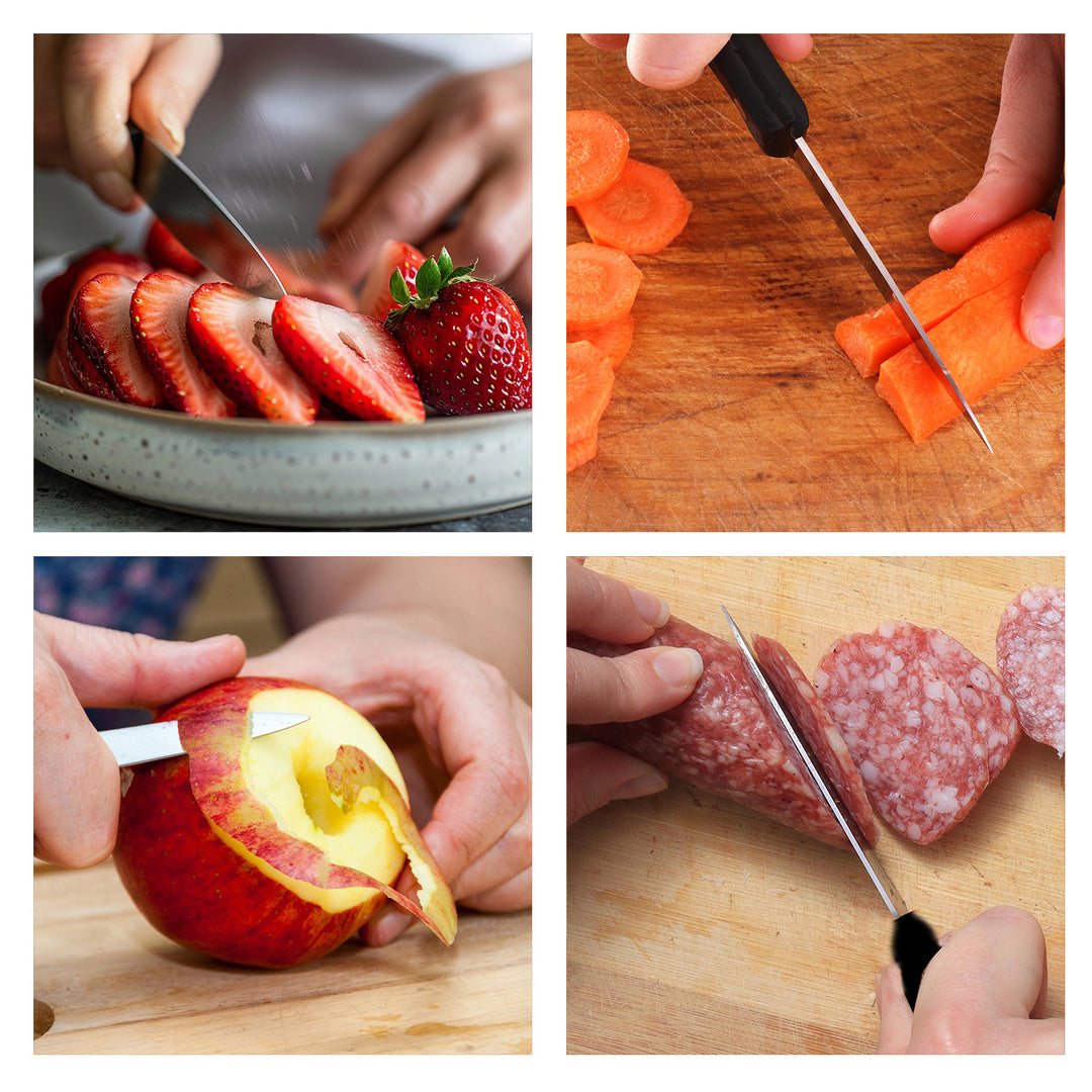 Four photos showing hands using a SpitJack Simple 3.5 Inch Paring Knife - Two-Pack to slice strawberries, chop carrots, peel an apple, and cut salami. The 3.5-inch paring knife is made from German-style stainless steel, ensuring precise cuts every time.