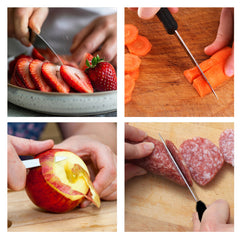 Explore four images of culinary precision: seamlessly slicing strawberries using a knife from the SpitJack Barbecue Knife Bundle, accurately chopping carrots, skillfully peeling an apple, and expertly slicing salami—all made effortless with this comprehensive set that includes four knives, a sharpening hone, and a convenient case.