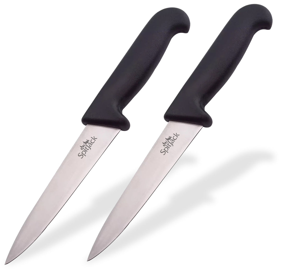 Two identical SpitJack Simple 3.5 Inch Paring Knife - Two-Pack, featuring stainless steel blades and black ergonomic handles, are placed side by side against a white background.