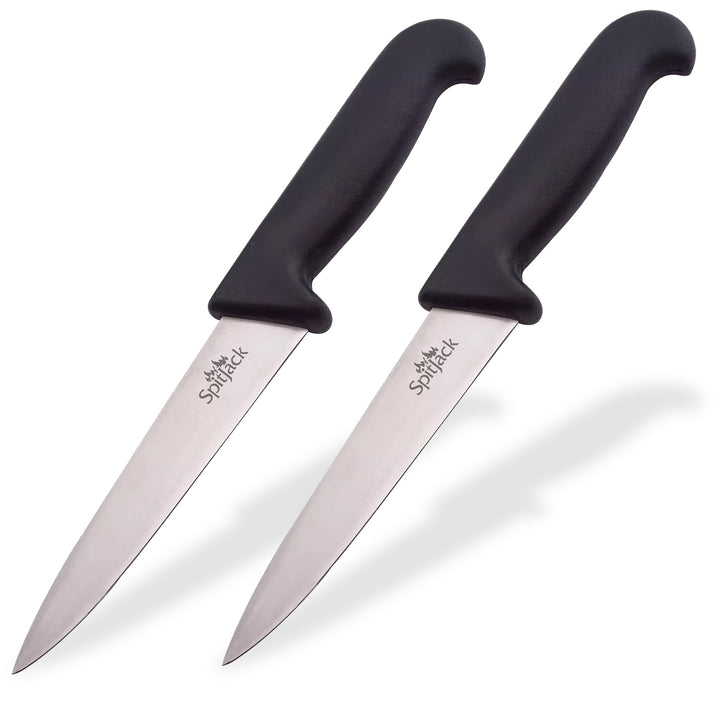 Two identical SpitJack Simple 3.5 Inch Paring Knife - Two-Pack, featuring stainless steel blades and black ergonomic handles, are placed side by side against a white background.