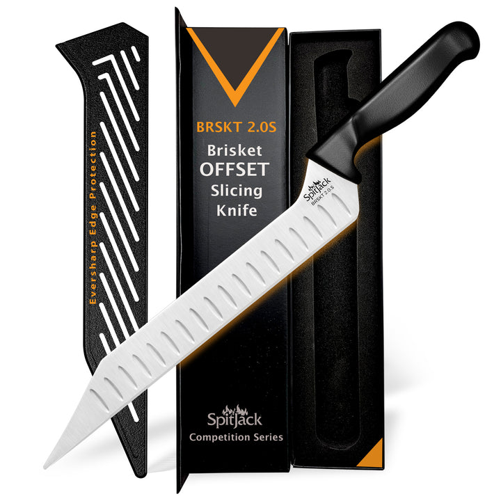 The SpitJack BRSKT 2.0S Brisket Slicing Knife features a Granton edge and protective sheath, shown with its branded packaging.