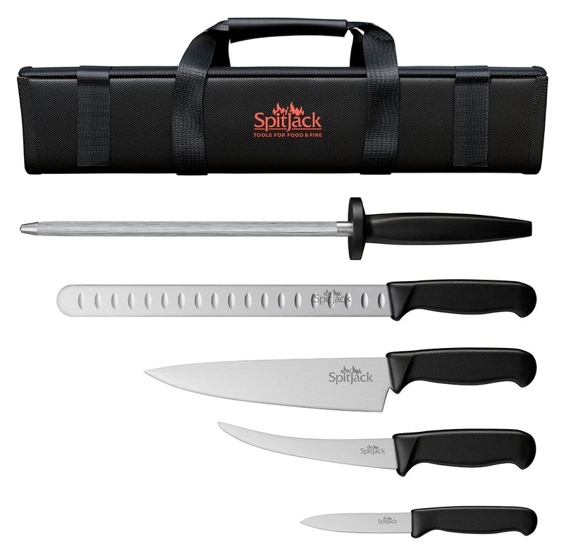 The Barbecue Knife Bundle by SpitJack includes a set of four kitchen knives with black handles, featuring a chef's knife ideal for versatile cooking tasks. It also comes with a sharpening hone and a sleek black carrying case labeled "SpitJack.