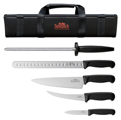 The Barbecue Knife Bundle by SpitJack includes a set of four kitchen knives with black handles, featuring a chef's knife ideal for versatile cooking tasks. It also comes with a sharpening hone and a sleek black carrying case labeled 