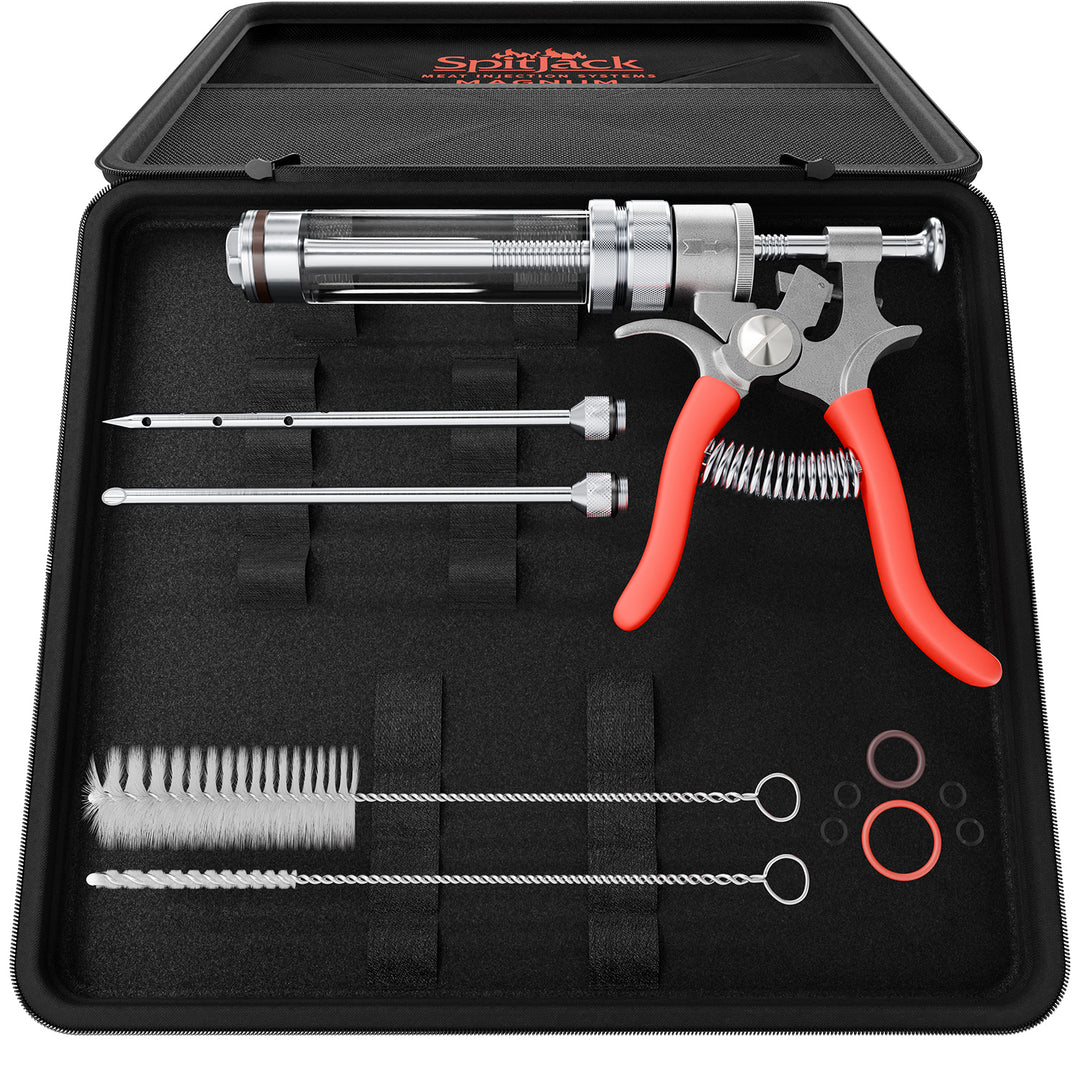 The SpitJack Magnum Meat Injector with Deluxe Case includes a syringe, two needles, cleaning brushes, extra O-rings, and a black foam-lined carrying case for organized storage.