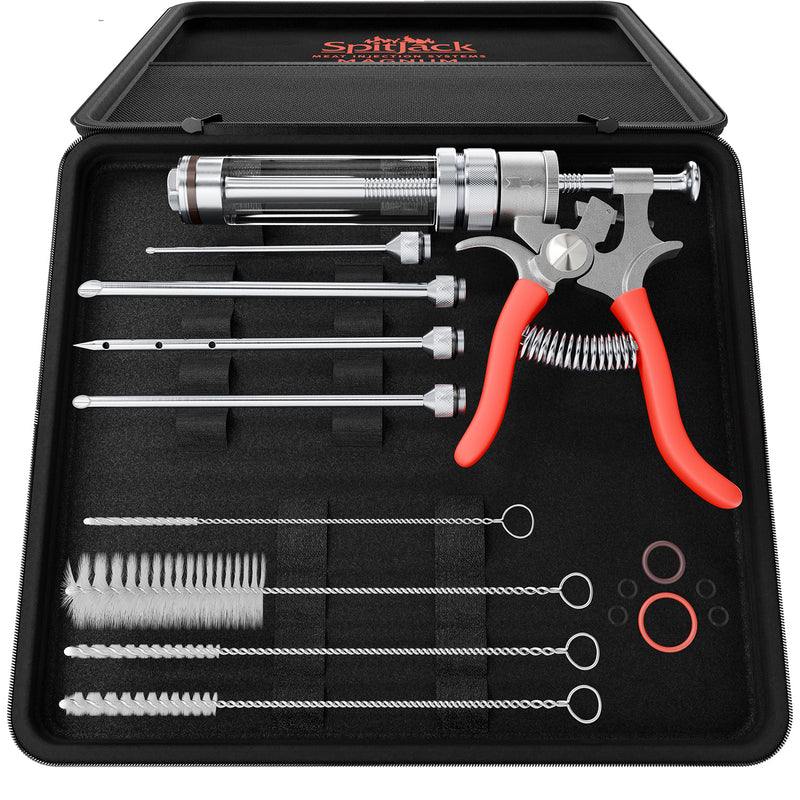 The SpitJack Magnum Meat Injector Kit by SpitJack includes a syringe, needles, cleaning brushes, O-rings, and accessories, all organized in a custom black foam-lined case.