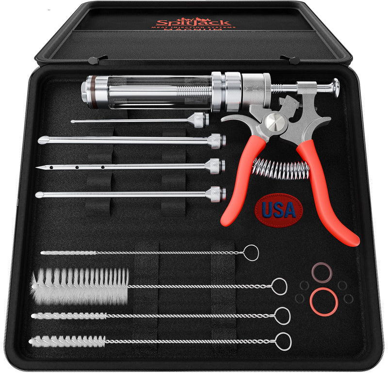 The SpitJack MAGNUM Meat Injector Complete Kit by SpitJack includes four needles and a deluxe case—everything serious BBQ competitors need, all perfectly organized for optimal use and convenience.