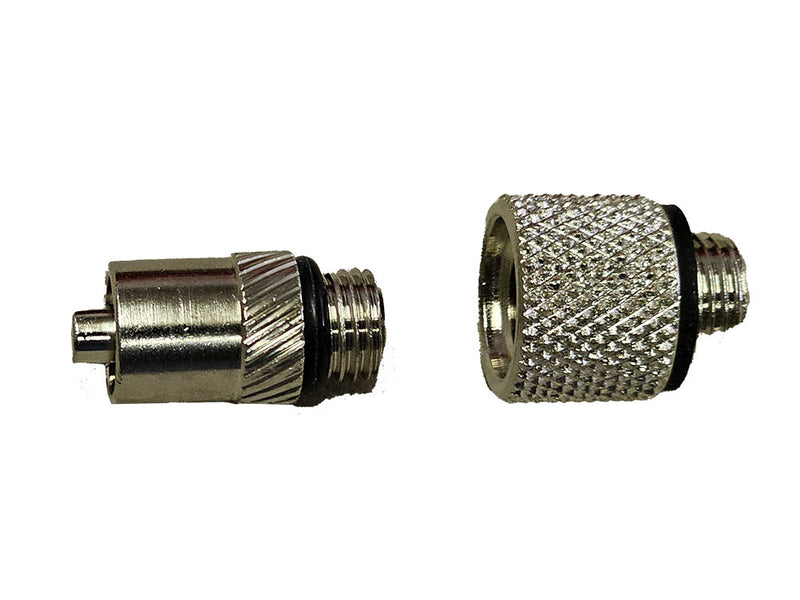 Two SpitJack Meat Injector Luer Lock Needle Adapter Assemblies by SpitJack, featuring threaded ends and knurled grips, are shown separated on a white background and resemble barrel nuts in design.