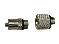 Two SpitJack Meat Injector Luer Lock Needle Adapter Assemblies by SpitJack, featuring threaded ends and knurled grips, are shown separated on a white background and resemble barrel nuts in design.
