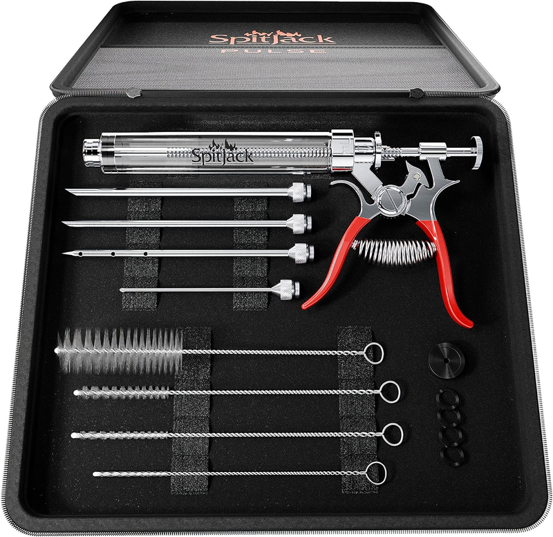 A SpitJack PULSE Meat Injector Kit with various metal needles, cleaning brushes, and a syringe-like injector with red handles, made from food-grade material and featuring an ergonomic design, all neatly placed in a black carrying case.