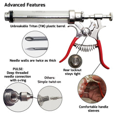 A diagram showcasing the features of a SpitJack PULSE Meat Injector Kit, highlighting the injector mechanism.
