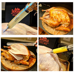 Four pictures of a turkey being carved with a knife, showcasing the use of the SpitJack PULSE Meat Injector Kit, featuring an unbreakable plastic handle for improved carving precision.