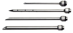 Four different metal cannulas with varying lengths and tip designs, resembling precision needles for the SpitJack Injector 4 Needle Replacement Set, are laid out horizontally against a white background.