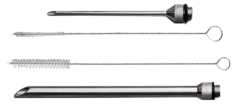 The SpitJack 2 Needle and 2 Brush Completer Set for MJ102 Meat Injector includes two metal needles and two loop-handled cleaning brushes, all laid out horizontally on a white background.