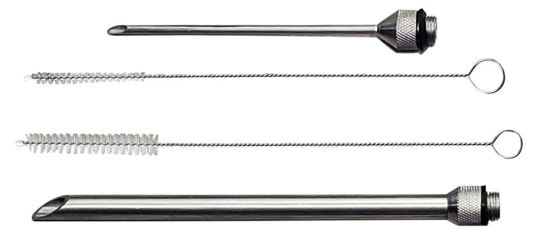 The SpitJack 2 Needle and 2 Brush Completer Set for MJ102 Meat Injector includes two metal needles and two loop-handled cleaning brushes, all laid out horizontally on a white background.